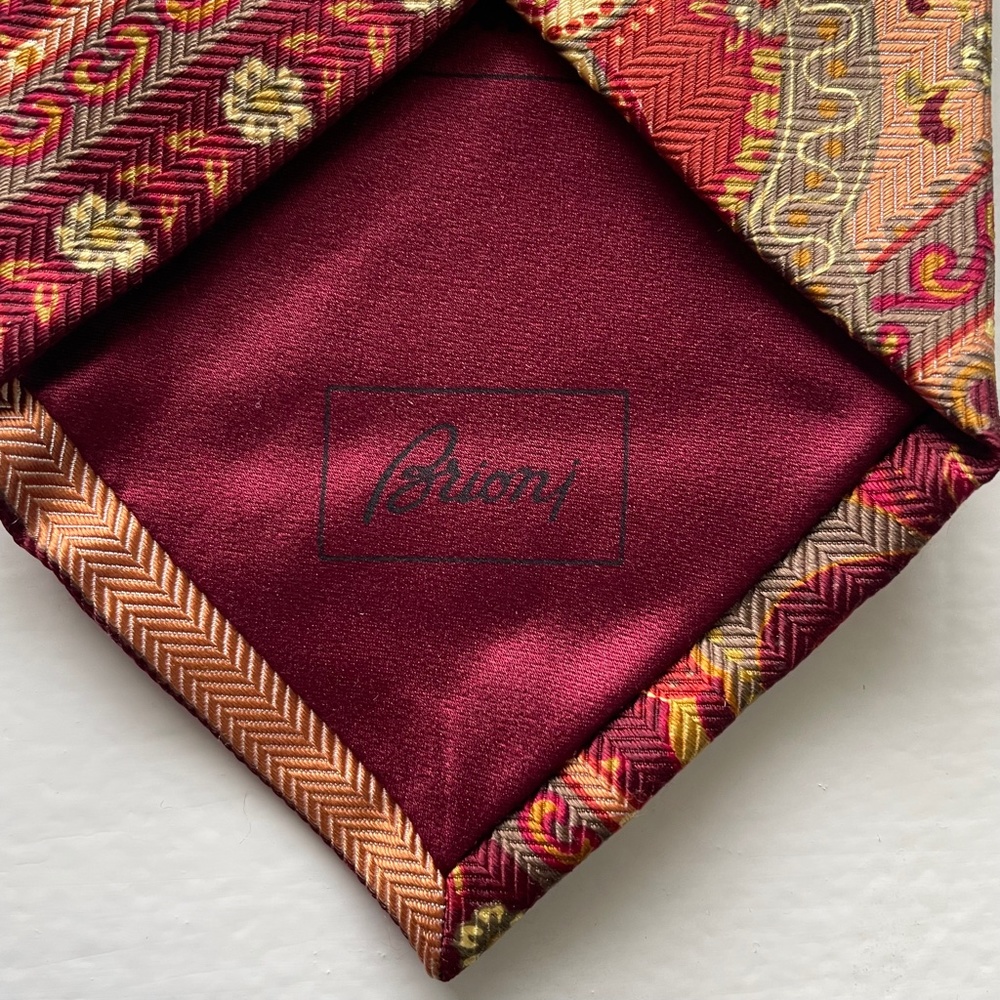 BRIONI Italian Silk Tie Large Paisley Coral Deep Red Olive Green Cream